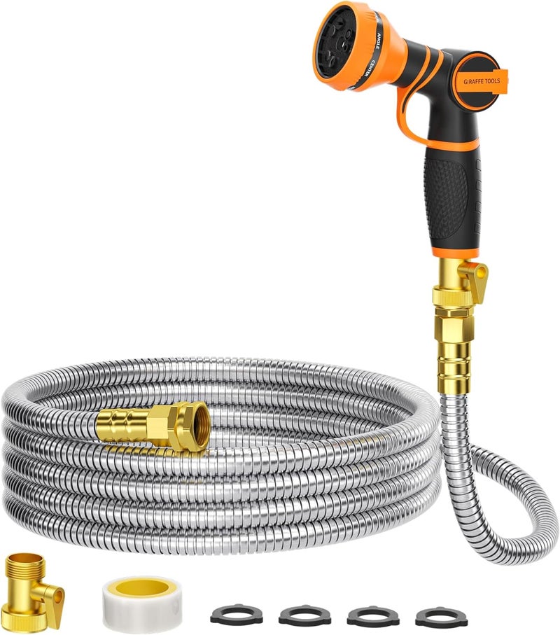 Giraffe Tools Girafe Tools Garden Hose 25ft x 5/8", 304 Stainless Steel Metal Water Hose, No Kink Garden Water Hose with 9 Pattern Spray Nozzle, Flexible, Lightweight, Kink Free Hose for Yard, Outdoor - Image 1